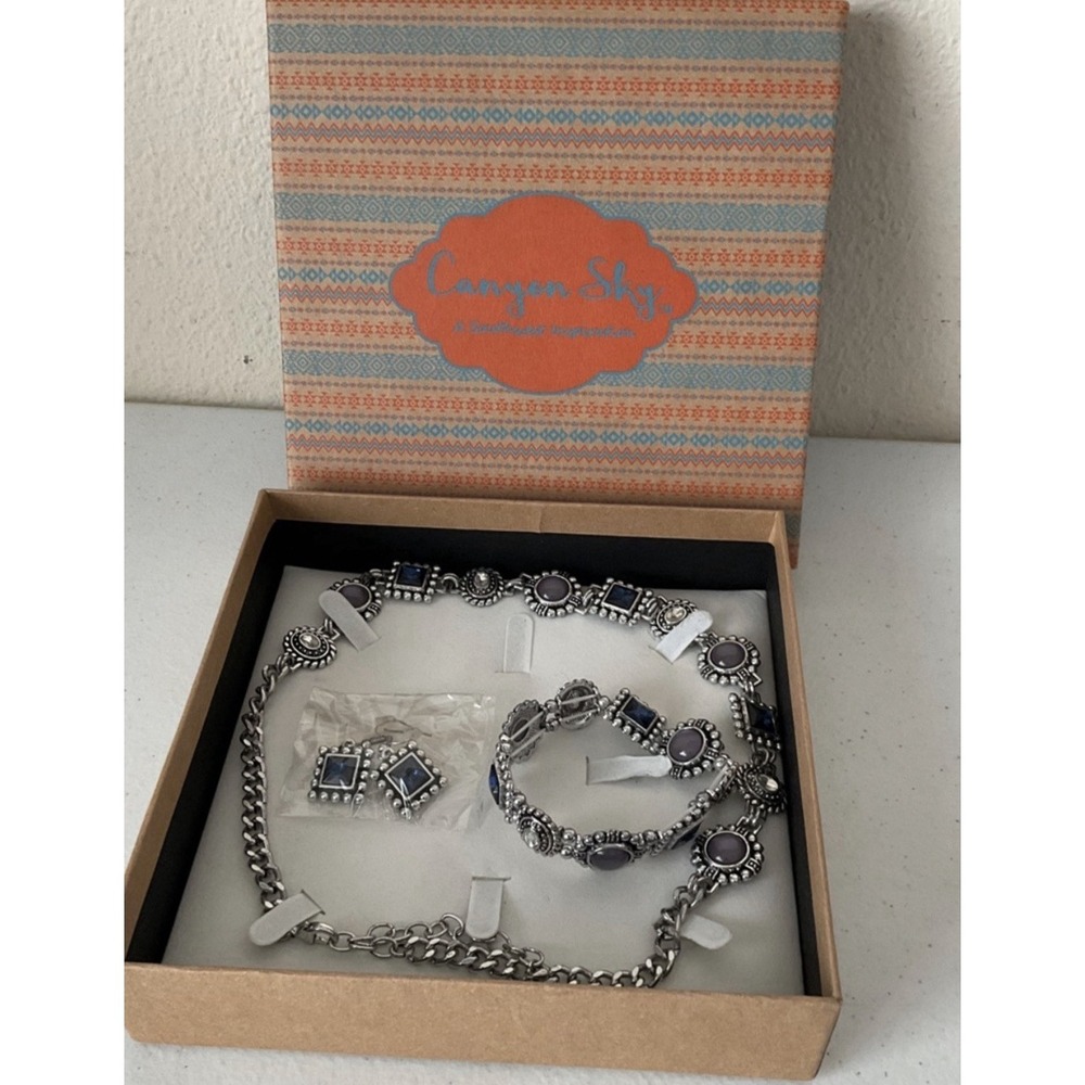 Canyon Sky Multi Stone Necklace ,Bracelet & Earring Silver Tone Jewelry Set NIB